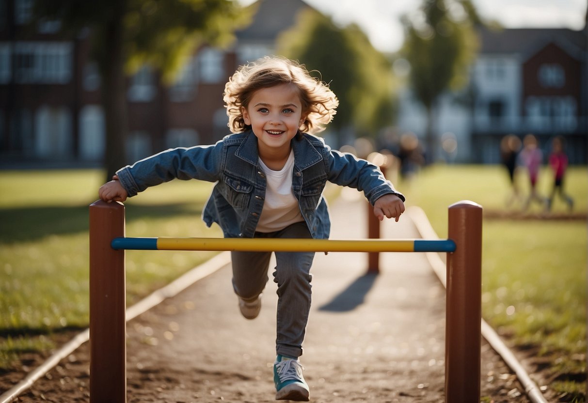 A young child stands in a playground, eyes fixed on a low hurdle. With a determined look, they bend their knees and push off the ground, soaring into the air with a triumphant smile