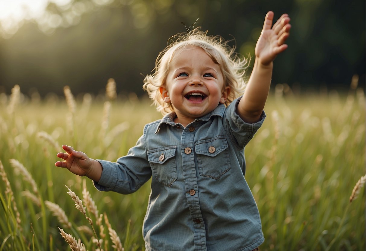 A toddler jumps in a grassy field, arms raised, with a big smile on their face