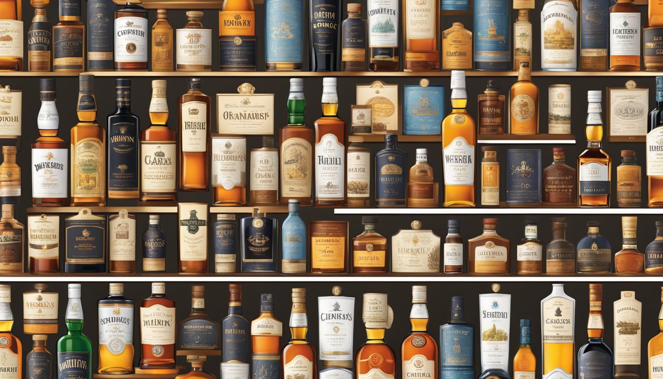 A shelf lined with iconic whisky brands, each bottle distinct in shape and label design, creating a visually striking display