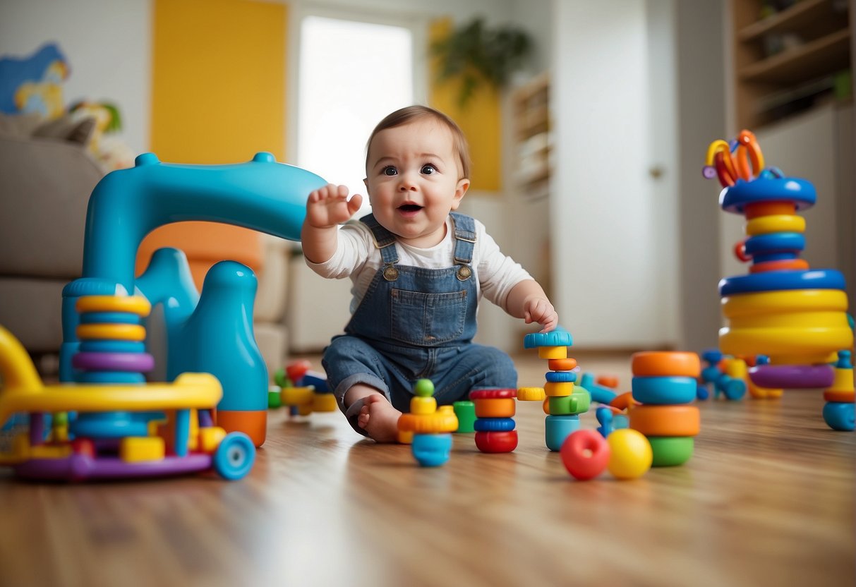 A toddler stands on a springy surface, surrounded by toys and obstacles. A measuring tape and stopwatch are nearby, while an adult observes and encourages the child