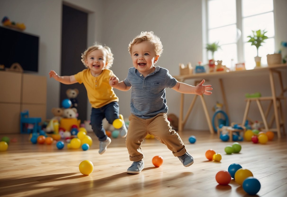 A toddler is shown jumping with a smile, while an adult encourages them. The scene is bright and cheerful, with toys scattered around