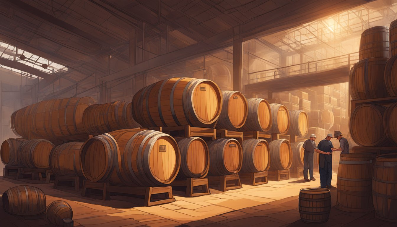 Barrels stacked in a dimly lit warehouse, copper stills gleaming in the sunlight, workers tending to the fermentation process, and a master distiller carefully tasting the aged whiskey