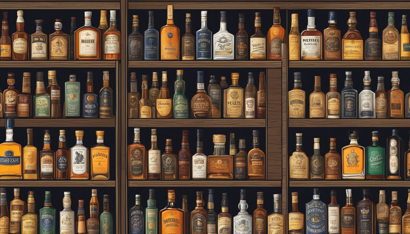 A shelf lined with popular whiskey brands, bottles neatly arranged, some with vintage labels and others with modern designs. A collector carefully inspects each bottle, considering its investment potential