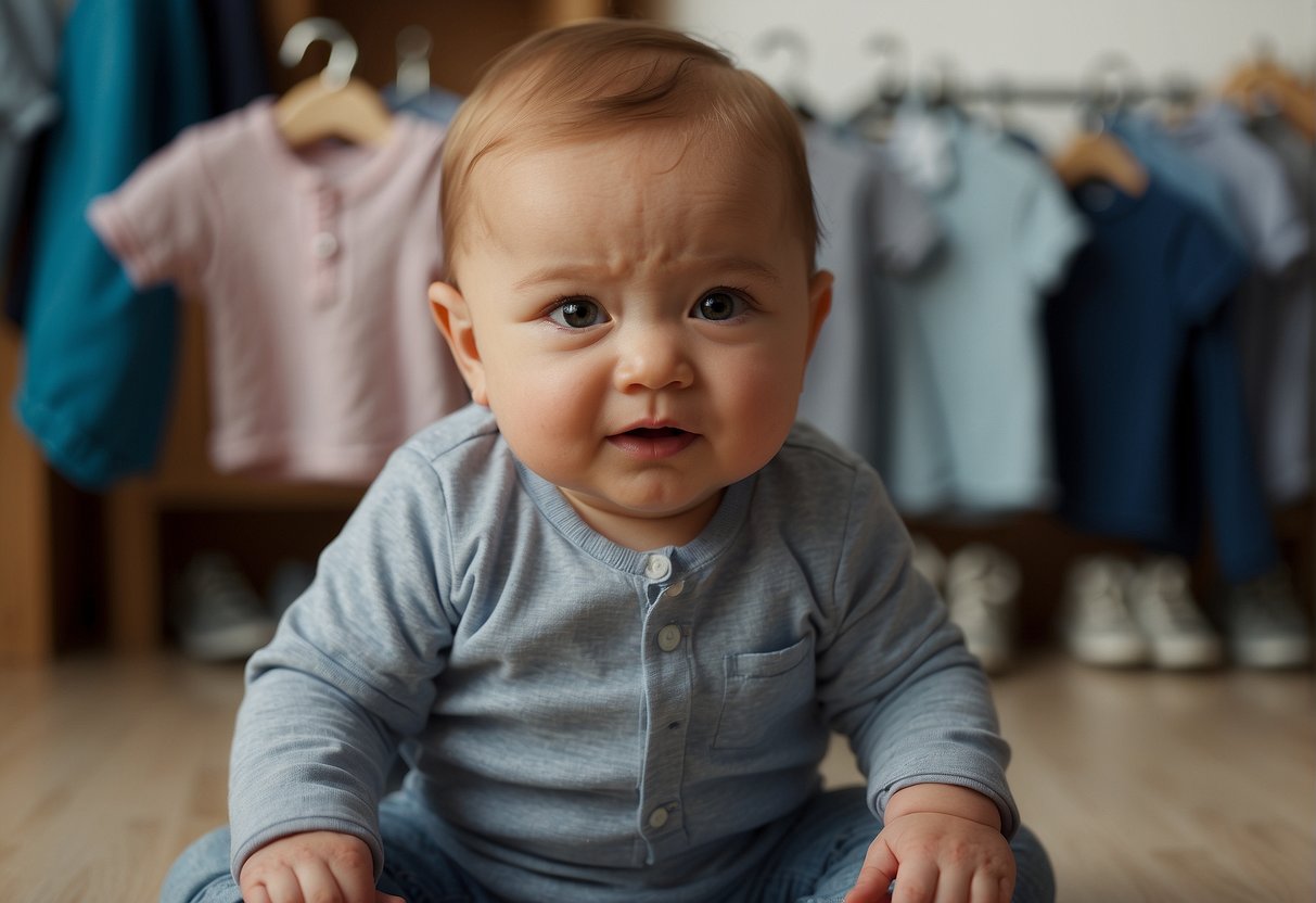 A baby squirms and frowns as clothes are put on, expressing discomfort and resistance