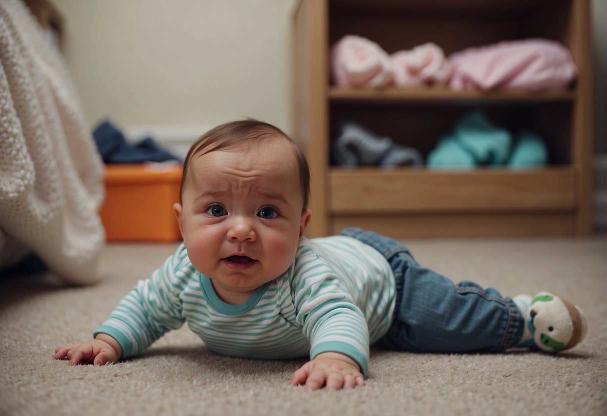 A baby's clothes lay scattered on the floor as the infant squirms and cries while being dressed by a frustrated caregiver