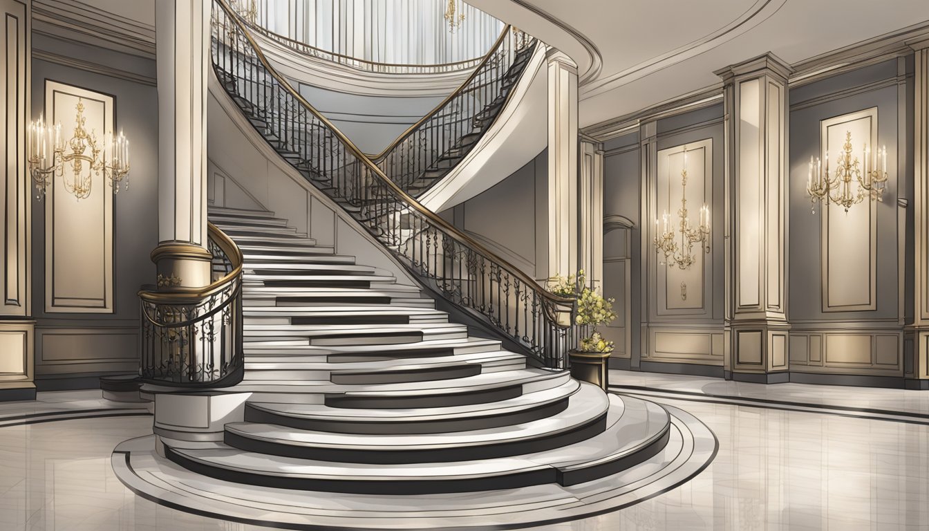 A grand staircase leads to three levels: opulent, elegant, and sophisticated. Each tier showcases luxurious products in a sleek, modern setting