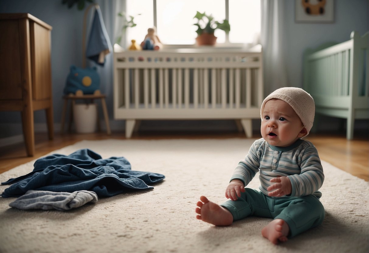 A baby's clothes lay scattered on the floor as the infant wails, refusing to be dressed. The room is filled with frustration and tension as the caregiver struggles to soothe the distressed child