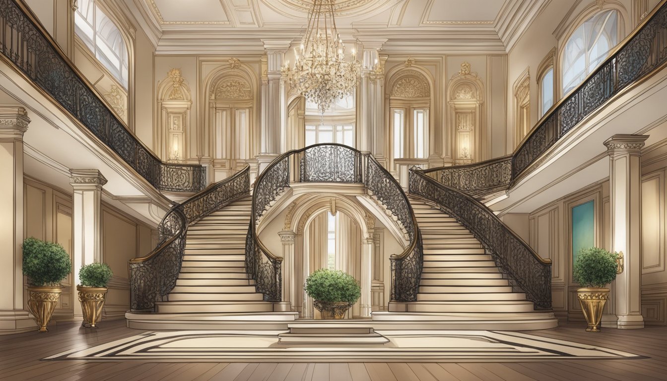 A grand staircase leads to three tiers: top tier with opulent decor, middle tier with elegant furnishings, and bottom tier with minimalistic design