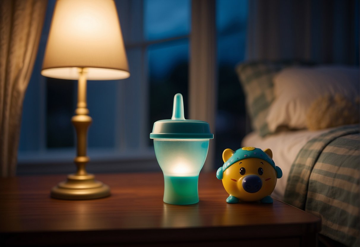 A toddler's sippy cup sits on a nightstand next to a small bed. Moonlight filters through the window, casting a soft glow on the room