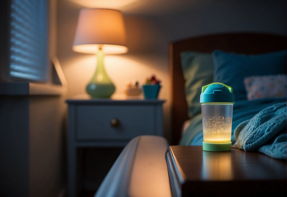 A toddler's sippy cup sits on a nightstand, illuminated by a soft nightlight. The room is quiet, with a cozy bed in the background