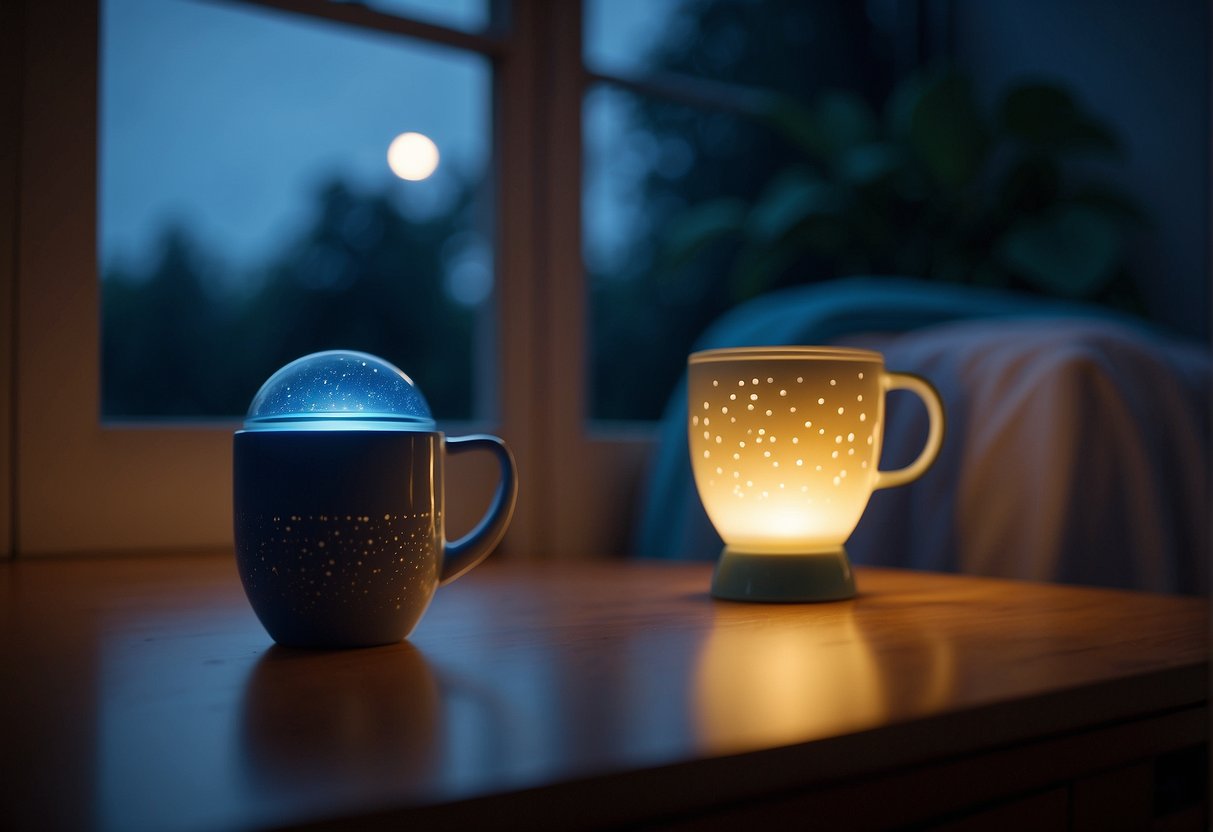 A small child's sippy cup sits on a nightstand, illuminated by the soft glow of a nightlight. The moonlight filters through the window, casting a gentle shadow on the cup