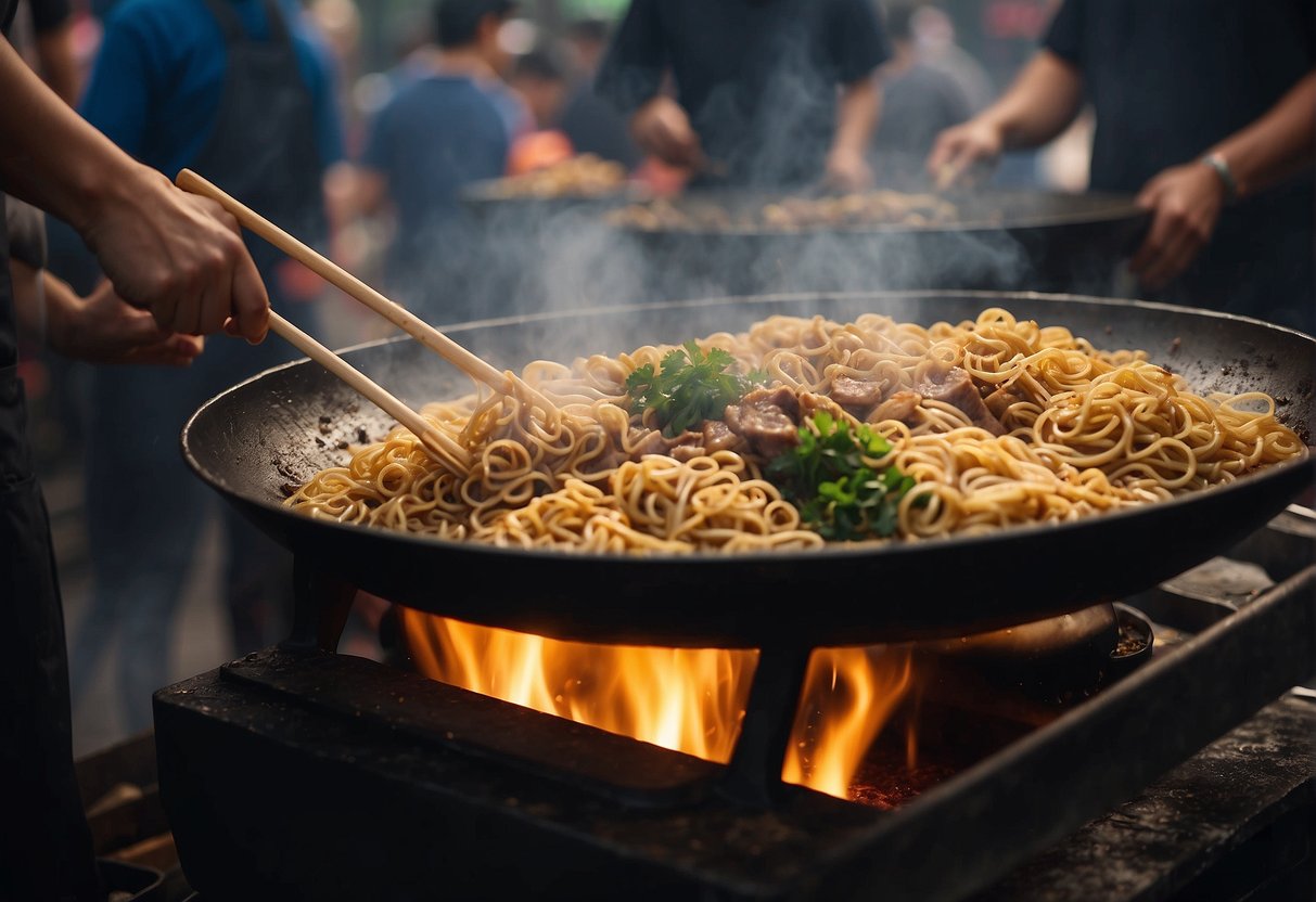Vendors stir-frying noodles and skewering meats at bustling Chinese street food market. Aromas of garlic, ginger, and soy sauce fill the air