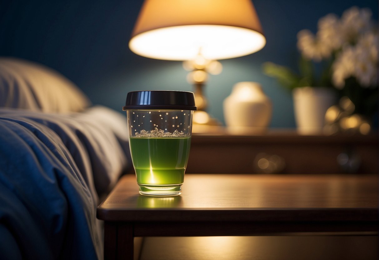 A sippy cup on a bedside table with a small nightlight illuminating the room
