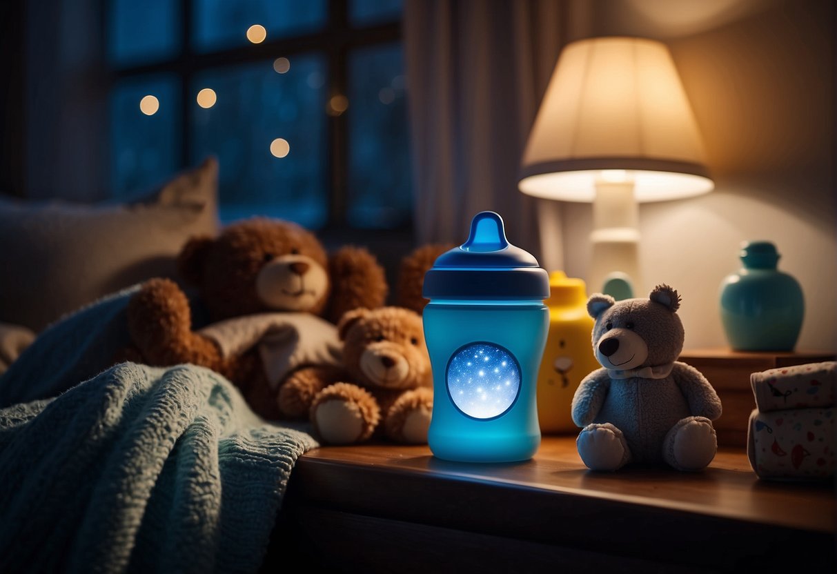 A toddler's sippy cup sits on a nightstand, surrounded by toys and a cozy blanket. The moonlight filters through the window, casting a soft glow on the room