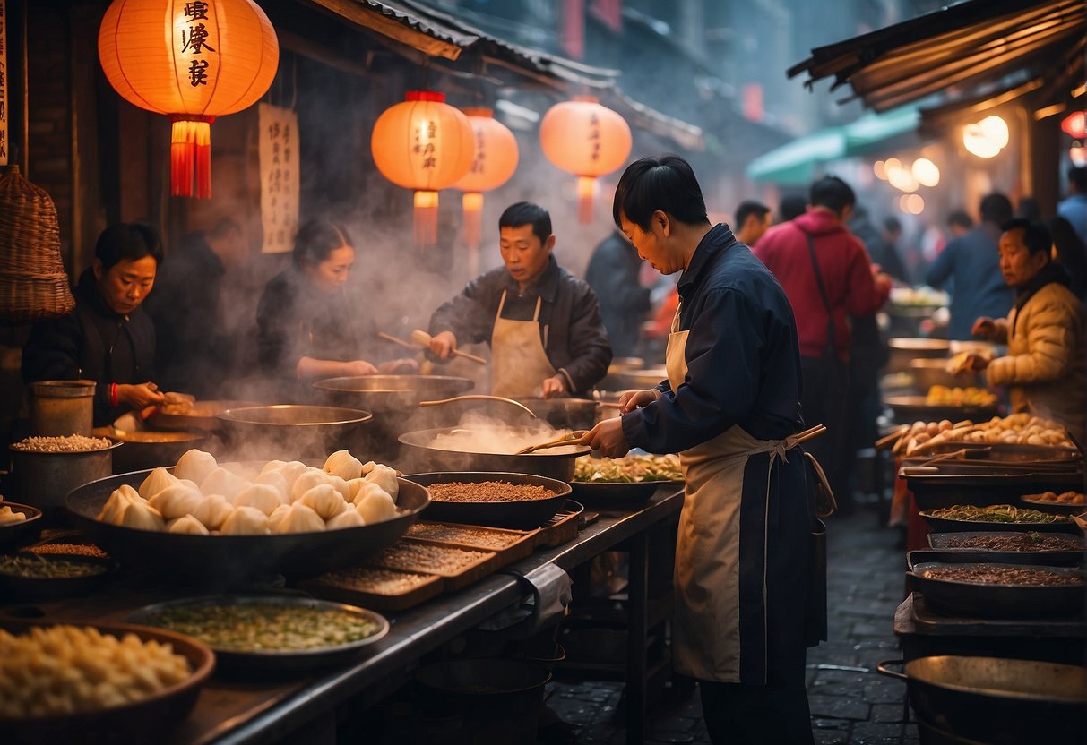 A bustling Chinese street market with vendors cooking up a variety of savory dishes, including steaming dumplings, sizzling noodles, and fragrant grilled skewers