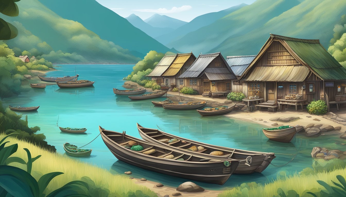 A rustic fishing village with traditional boats and nets, surrounded by lush green mountains, showcasing the history and heritage of the rabbit brand abalone