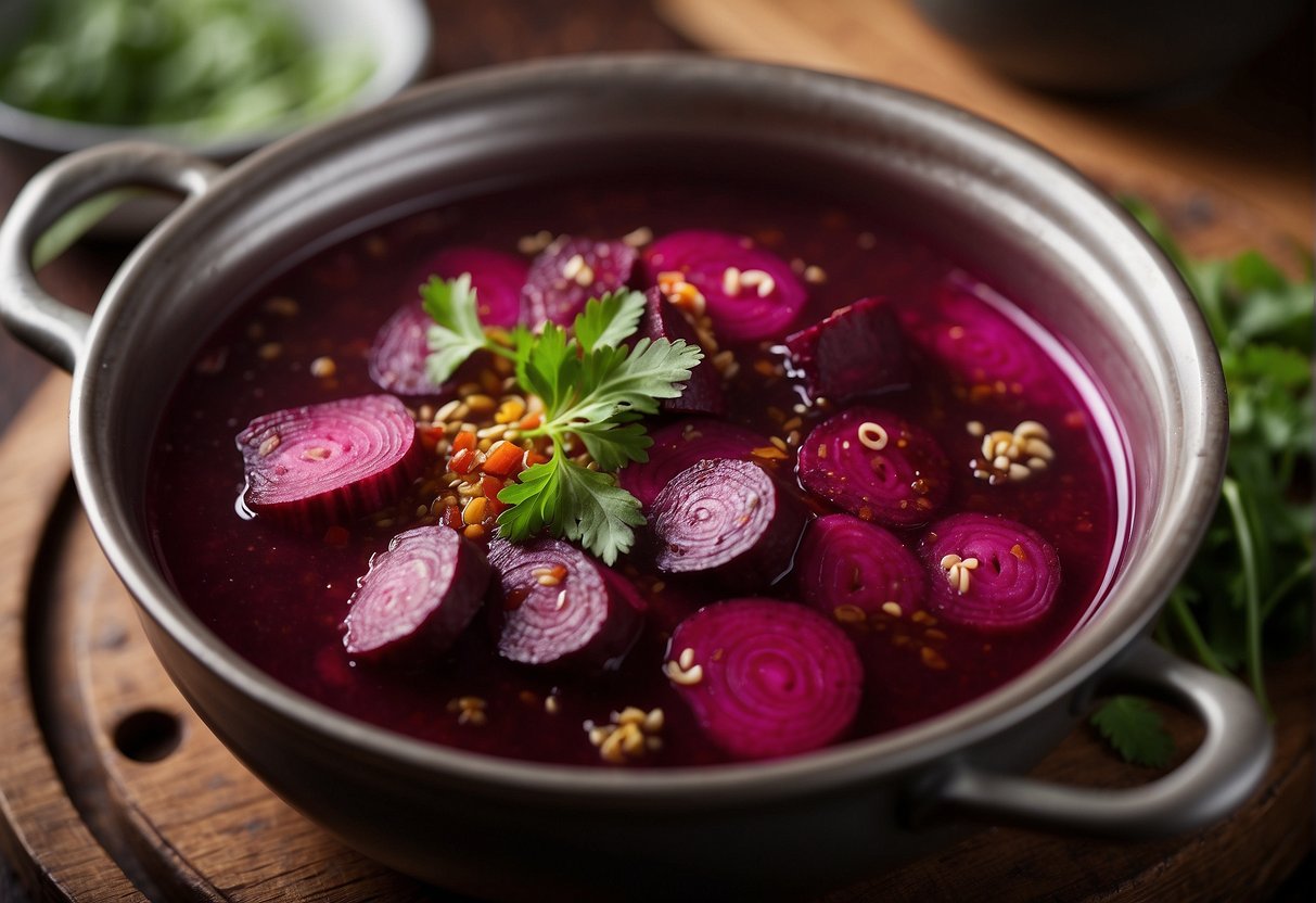 A pot of simmering beetroot chicken soup with Chinese herbs and spices. Steam rising, vibrant colors, and aromatic scent