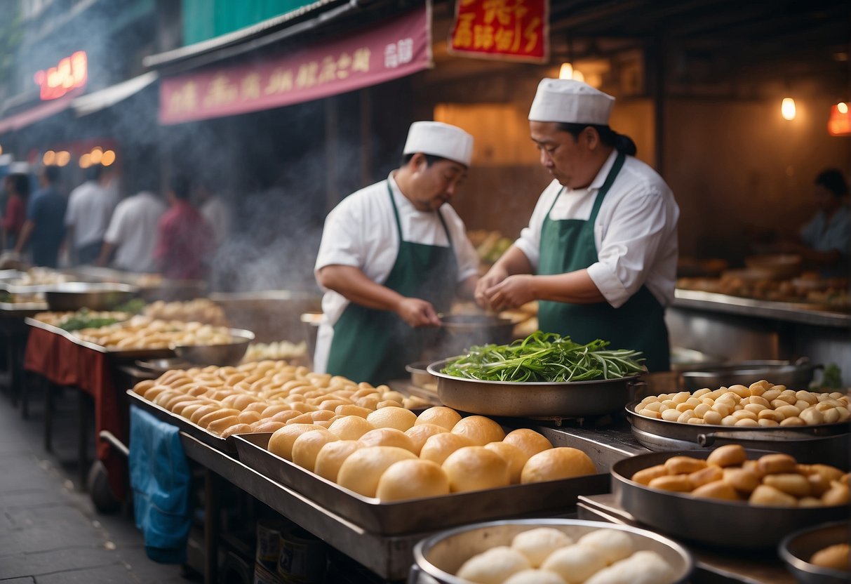 A bustling street market with vendors cooking up popular Chinese breakfast foods like steamed buns, savory pancakes, and fried dough sticks