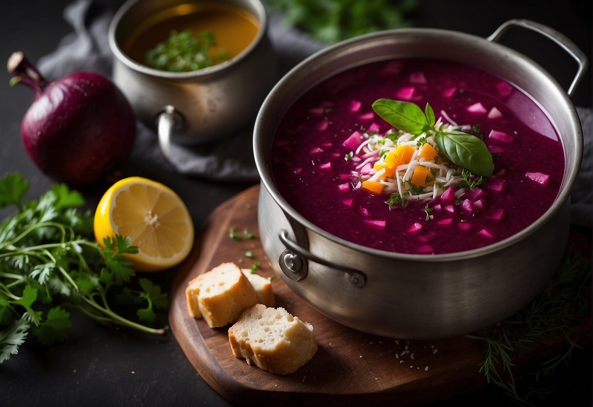 A pot of vibrant beetroot chicken soup simmers on a stovetop, emitting a rich, savory aroma. Slices of tender chicken and chunks of earthy beetroot float in the fragrant broth, surrounded by a scattering of aromatic herbs