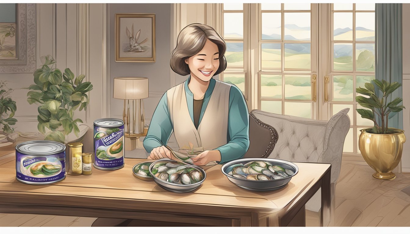 A smiling customer opens a can of Rabbit Brand abalone, surrounded by luxurious packaging and a pristine dining table