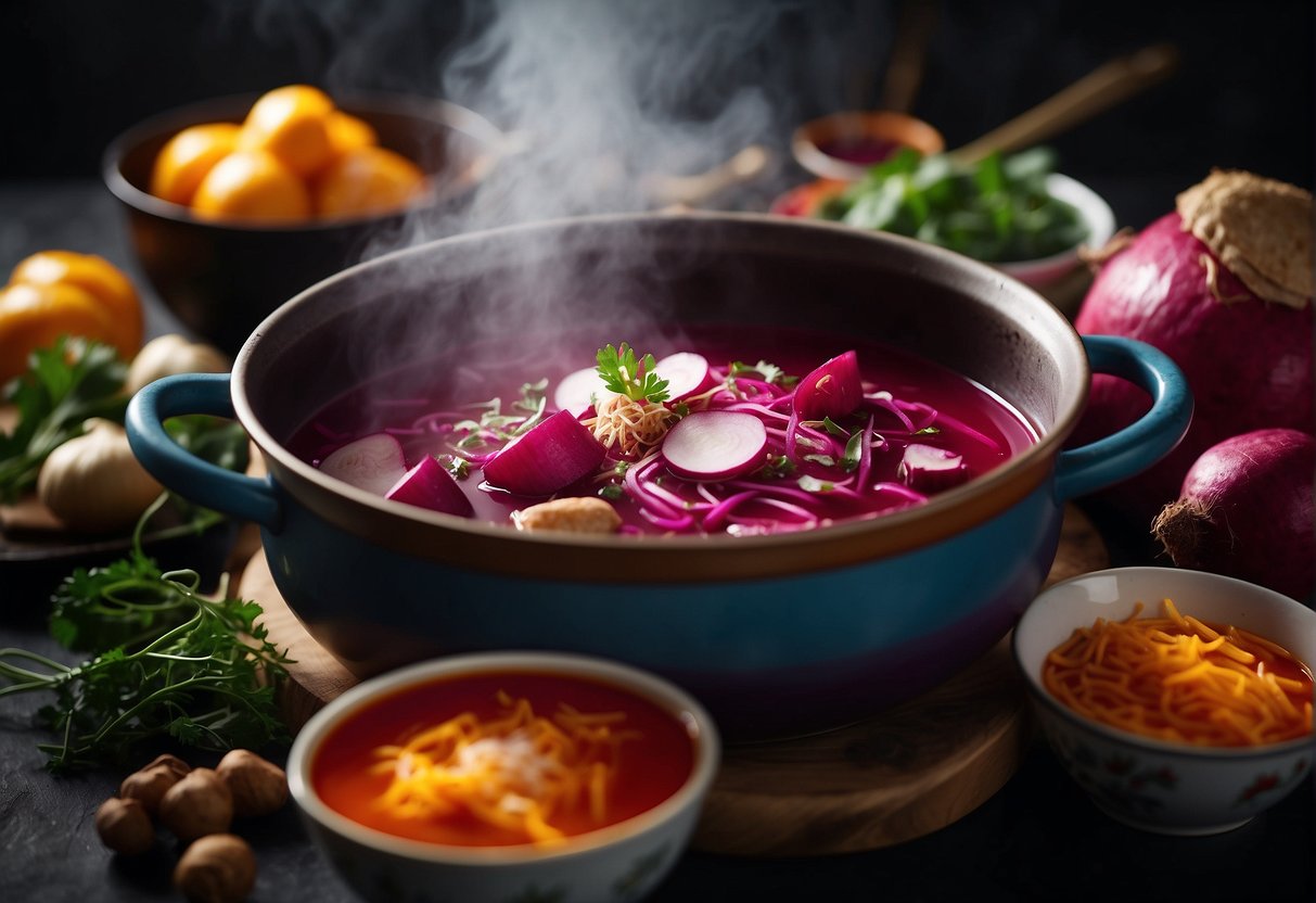 A pot of vibrant beetroot chicken soup simmers on a stove, surrounded by Chinese recipe ingredients. Vibrant colors and steam rise from the pot