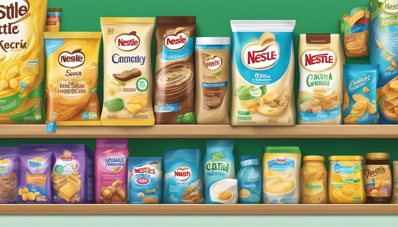 A variety of Nestle brand products arranged on a shelf in a grocery store