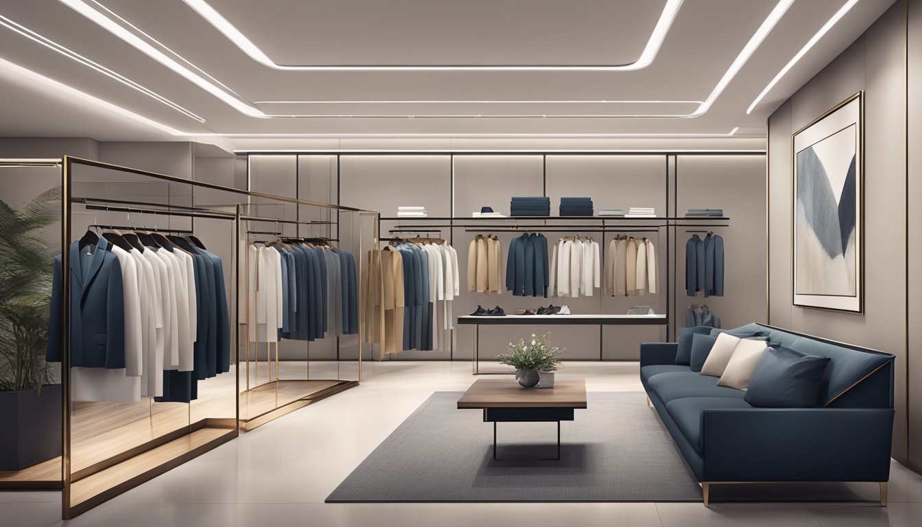 A sleek, modern boutique with minimalist decor and high-end clothing displays, exuding an air of sophistication and exclusivity
