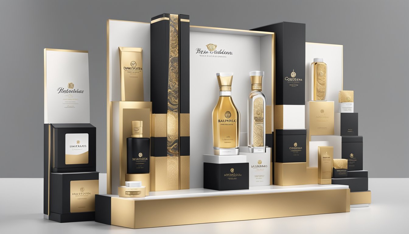 A luxurious tiered display showcasing marketing and brand experience, with elegant logos and sleek packaging, exuding sophistication and exclusivity