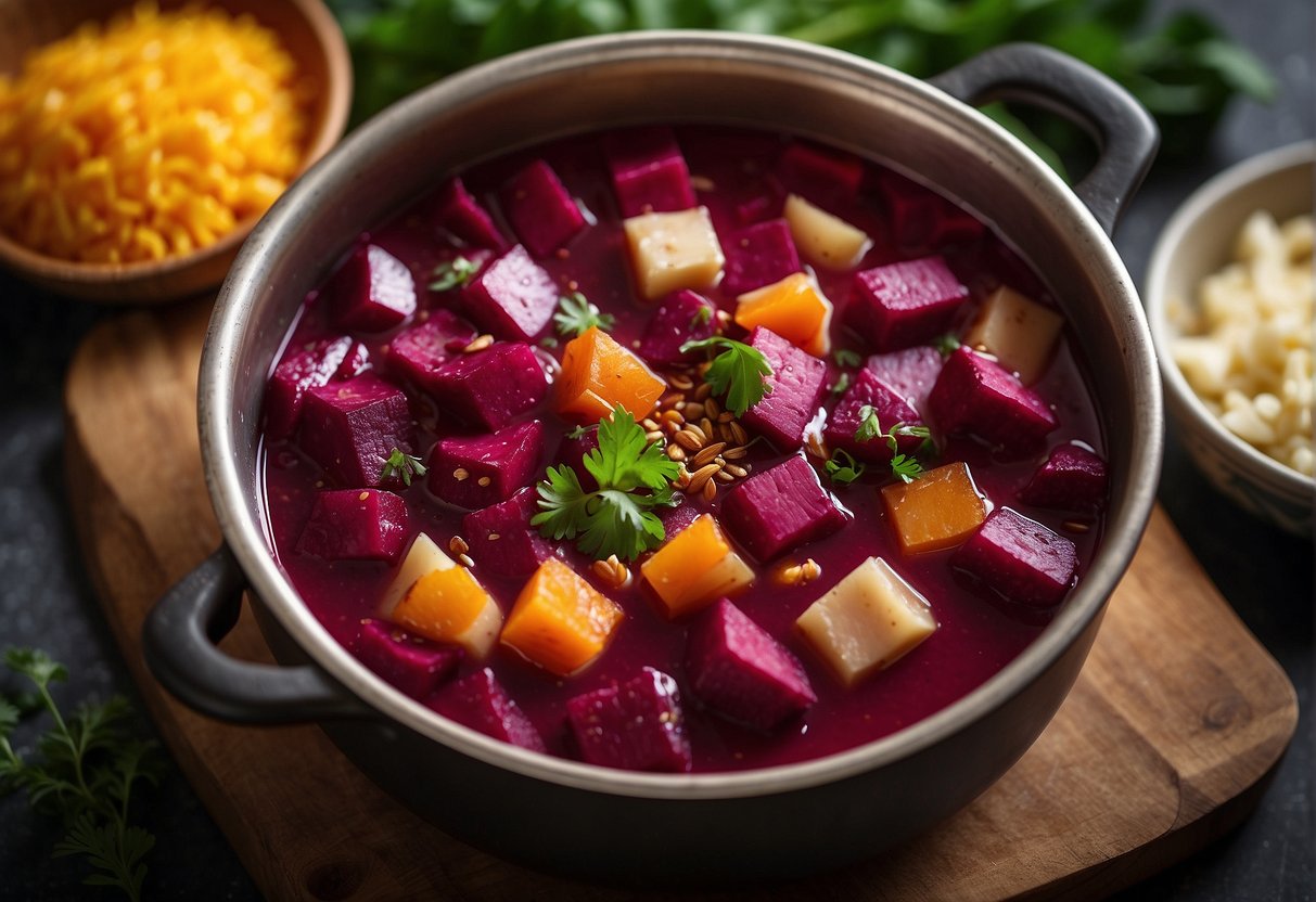Beetroot chicken soup simmers in a large pot. A variety of Chinese seasonings and flavor enhancers are laid out on the counter
