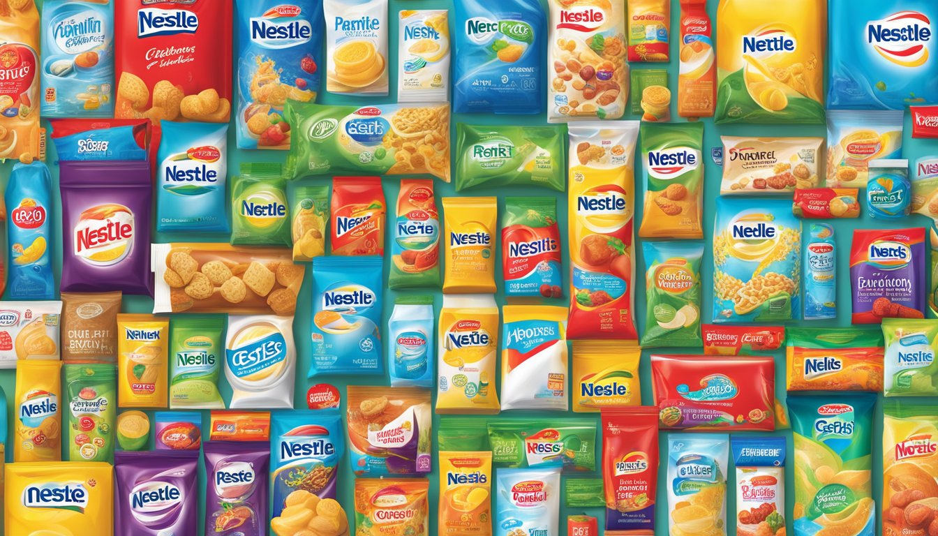 A vibrant display of Nestle's brand portfolio, featuring iconic logos and product packaging arranged in an organized and eye-catching manner