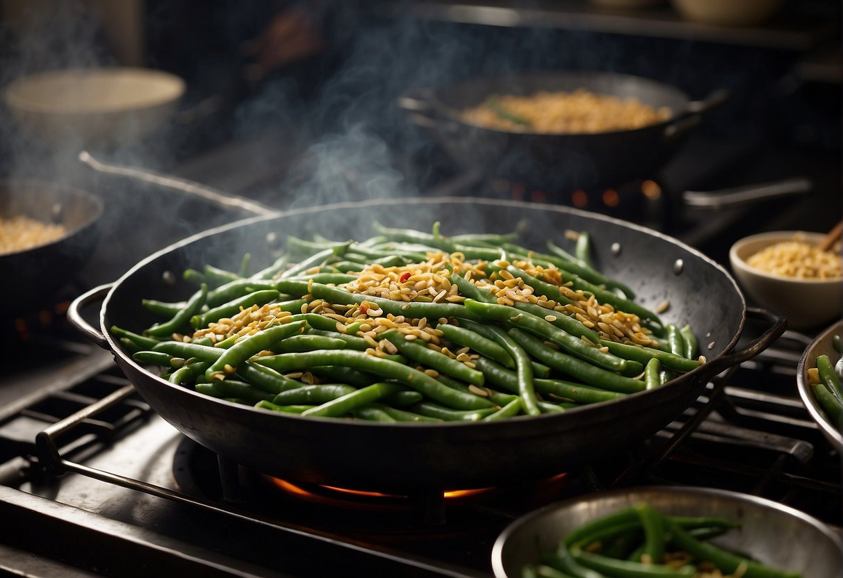 Fresh string beans sizzle in a hot wok with garlic, soy sauce, and chili flakes. Steam rises as the beans cook to perfection