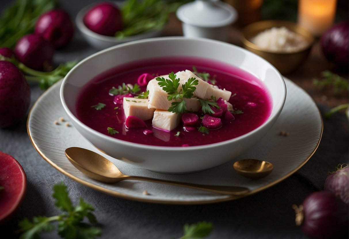 A steaming bowl of vibrant beetroot chicken soup is elegantly garnished with fresh herbs and served on a delicate Chinese-inspired platter