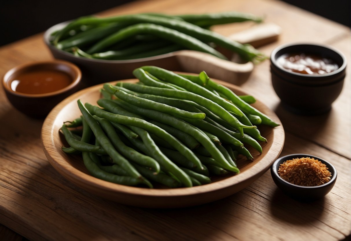 Fresh string beans, soy sauce, garlic, and sesame oil on a wooden cutting board. A bowl of chili paste and a bottle of rice vinegar sit nearby