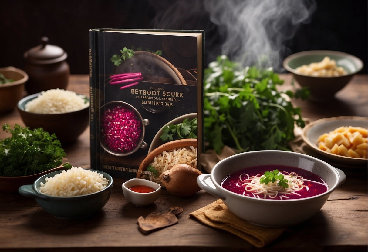 A steaming pot of beetroot chicken soup sits on a wooden table, surrounded by Chinese cooking ingredients. A recipe book is open to the "Frequently Asked Questions" section
