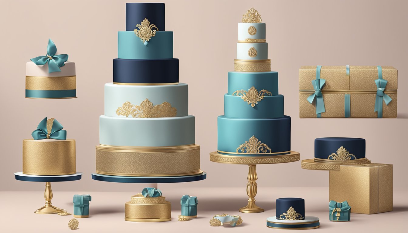 A luxurious tiered cake with elegant branding elements, surrounded by opulent accessories and upscale packaging