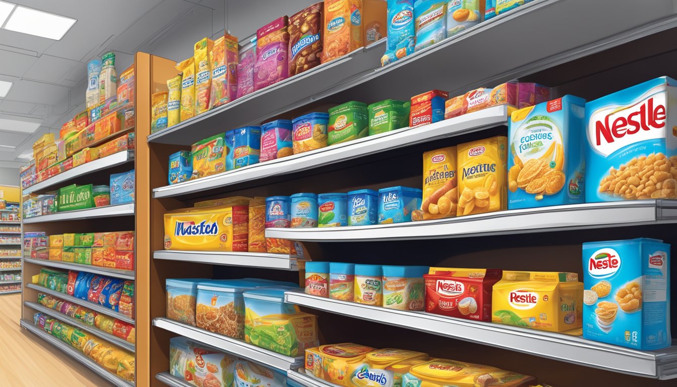 Nestle brands displayed on shelves in diverse global locations
