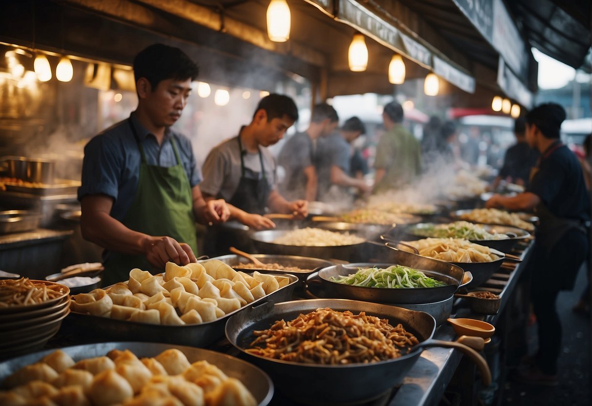 A bustling street market with vendors cooking up a variety of savory Chinese snacks and sides, from steamed dumplings to crispy spring rolls. The air is filled with the aroma of sizzling meats and fragrant spices