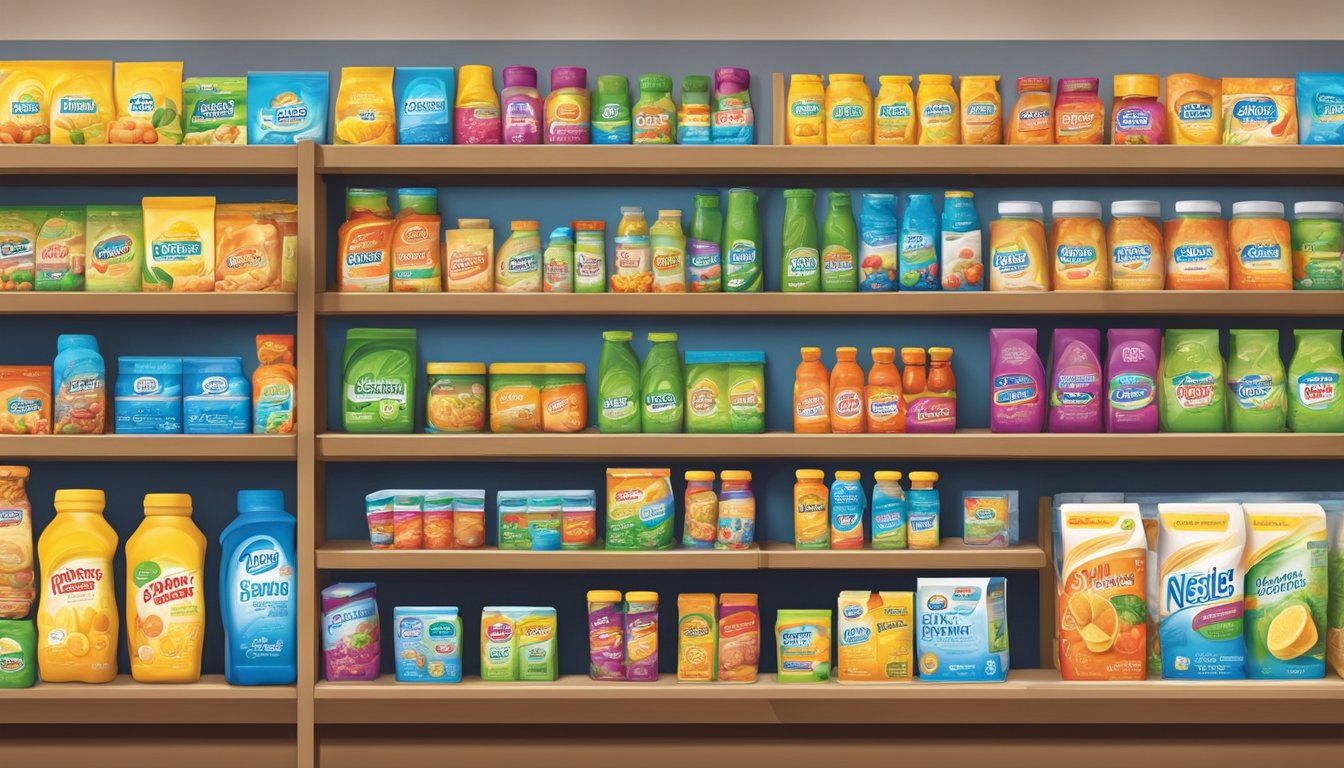A colorful array of Nestle brand nutrition and wellness products displayed on shelves in a bright, organized store setting
