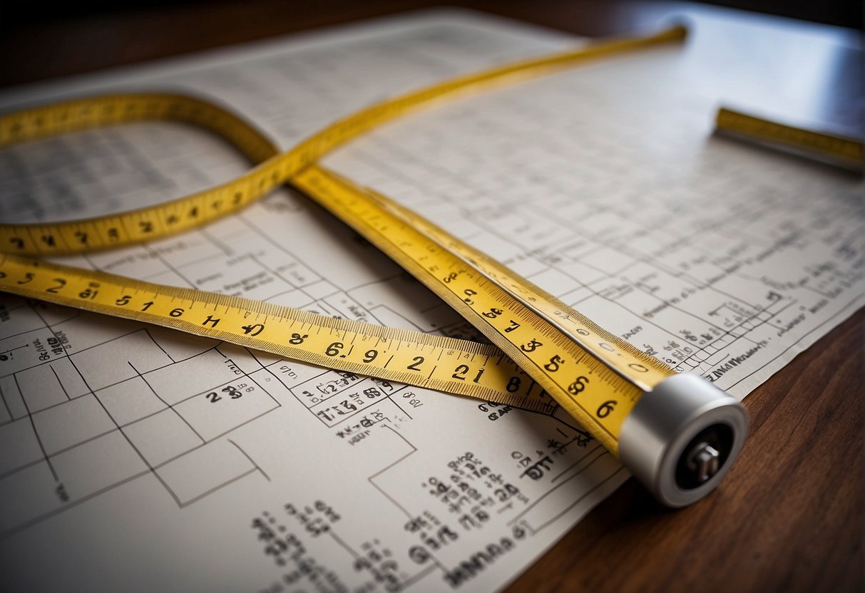 A table with sizing charts for size 6, 6X, and 6T. Measuring tape and rulers are scattered around