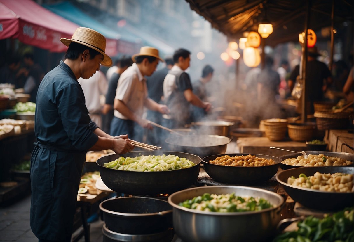 A bustling street market with vendors cooking up classic Chinese street food recipes, from sizzling stir-fries to steaming dumplings