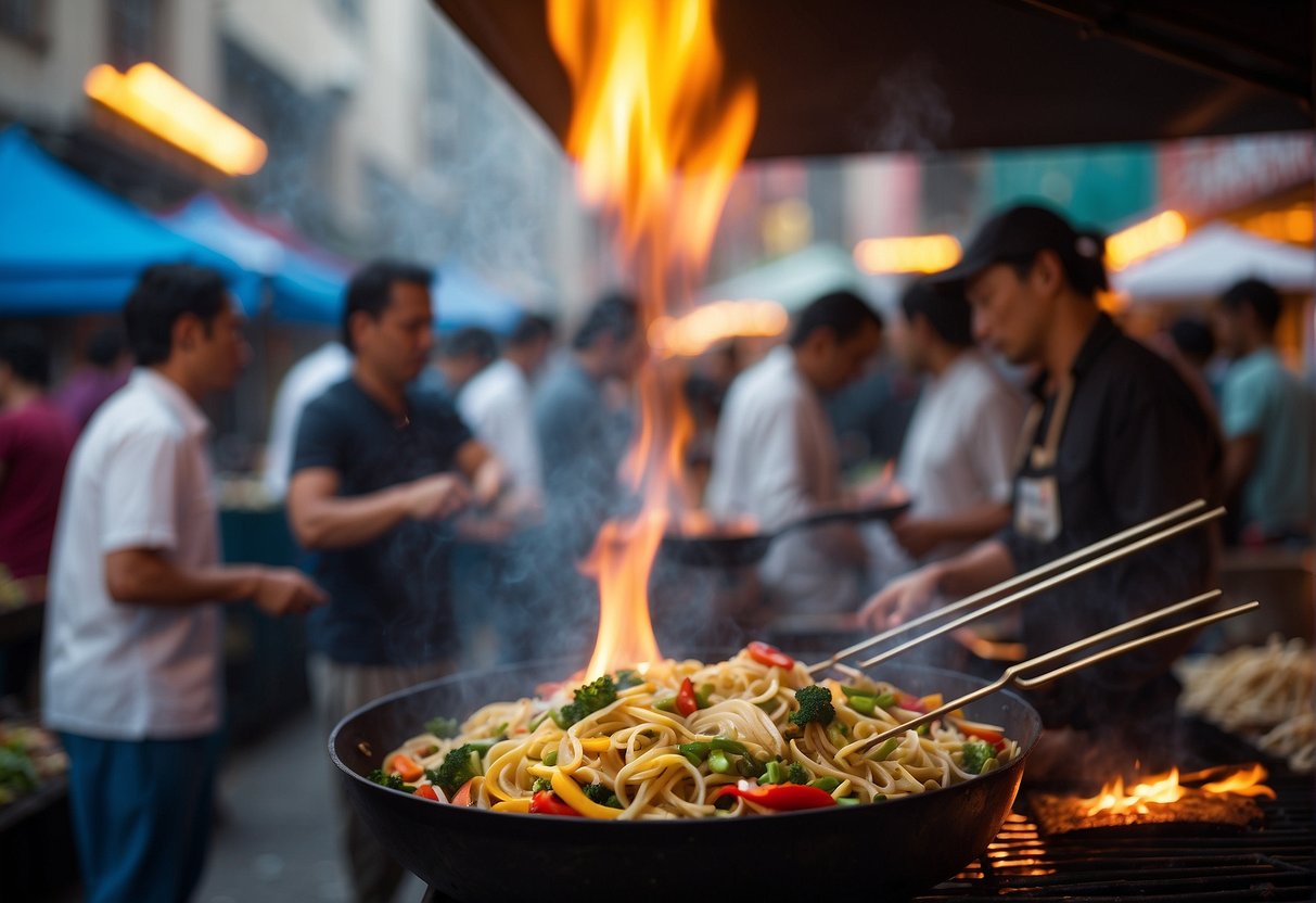 Busy street with colorful food stalls. A chef stir-fries noodles in a wok, while another grills skewers over open flame. A crowd watches and smells the sizzling dishes