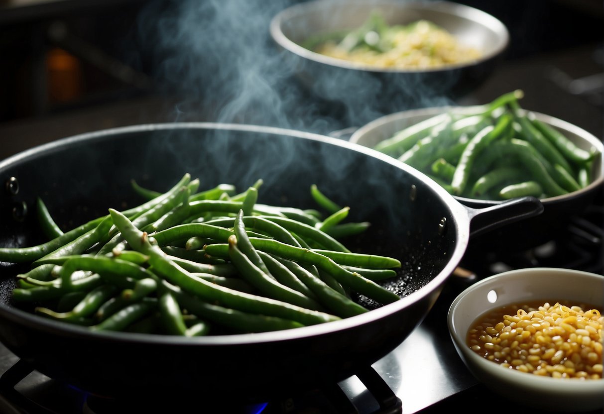 String beans sizzling in a hot wok with garlic, ginger, and soy sauce. Steam rising, vibrant green color, and enticing aroma
