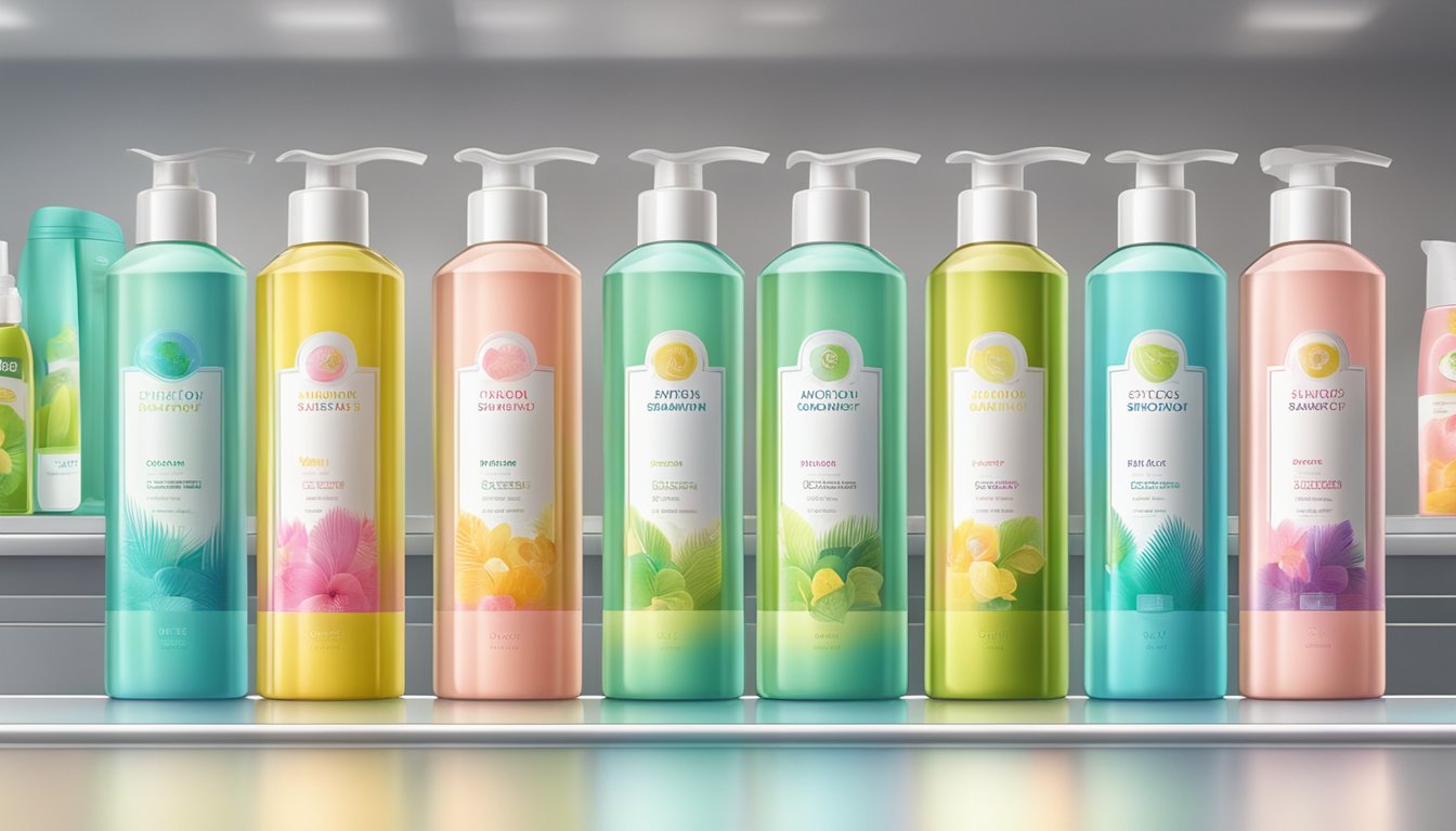 Bottles of shampoo lined up on a shelf in a brightly lit store in Singapore