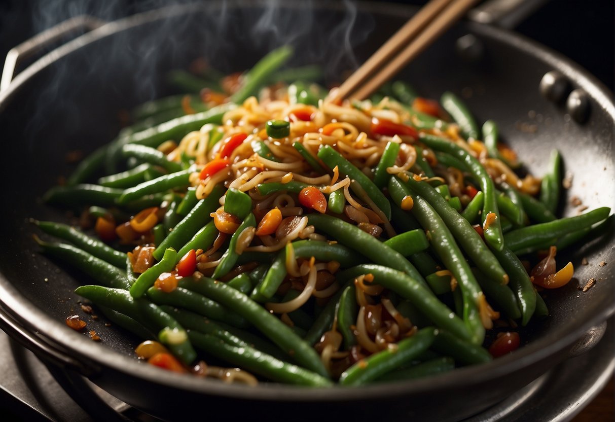Chinese string beans sizzle in a wok with flavor enhancers and garnishes, emitting savory aromas