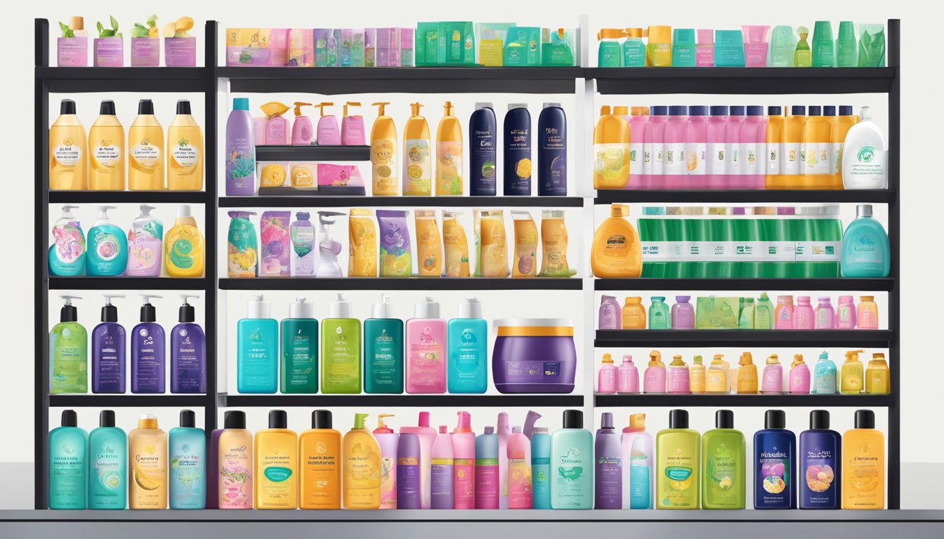 A shelf displays top shampoo brands in Singapore, each bottle adorned with vibrant labels and promising various hair care benefits