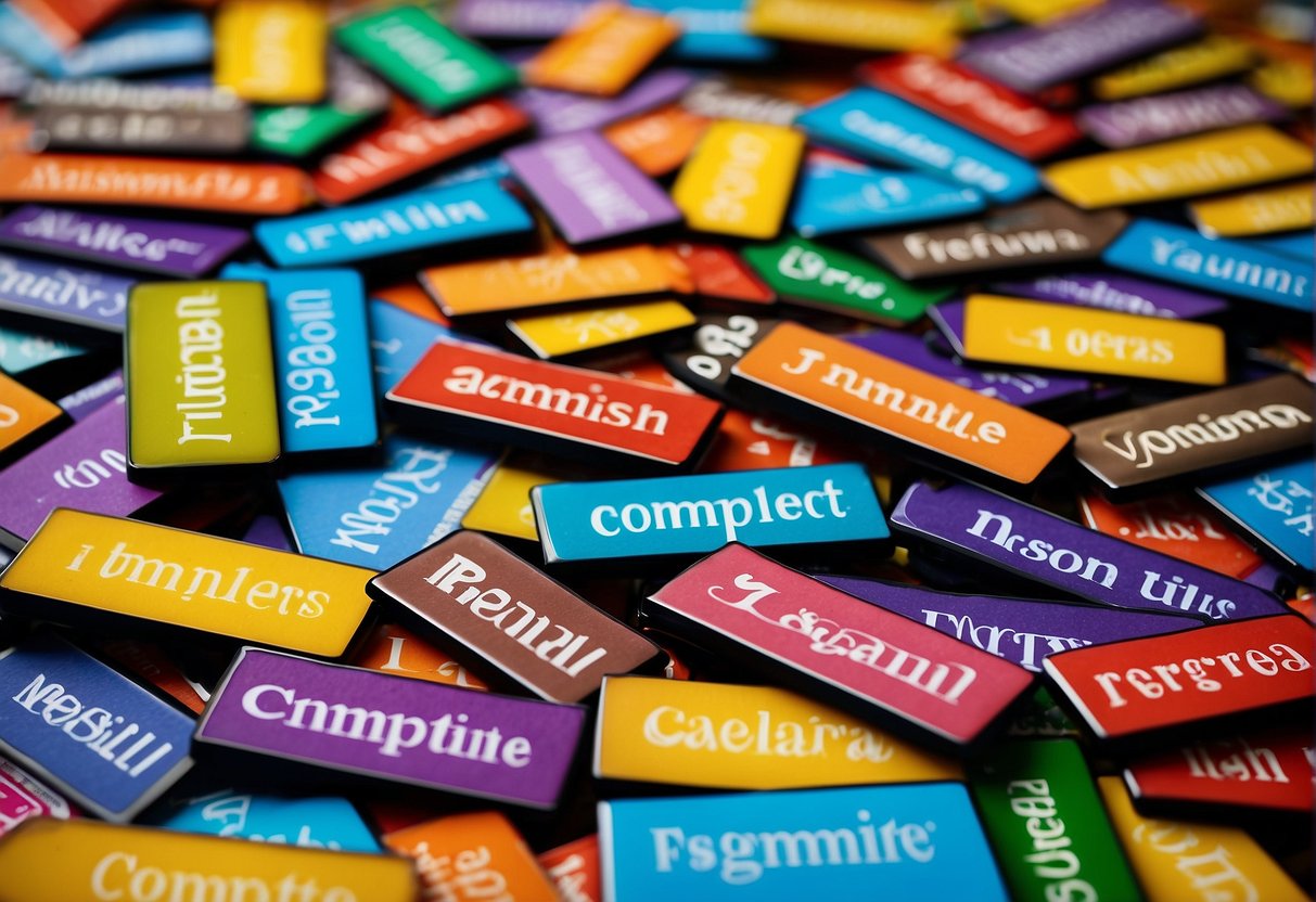 A colorful array of baby name plaques with the words "Complete" in various fonts and styles displayed on a vibrant backdrop
