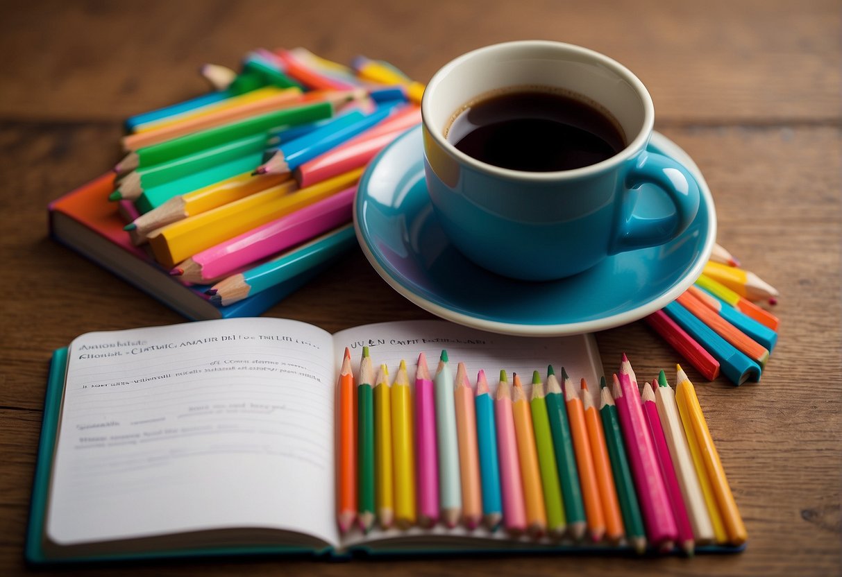 A baby's name book lies open on a table, surrounded by colorful pencils and a cup of coffee. The page reads "Complete" in bold letters, with various name options listed below