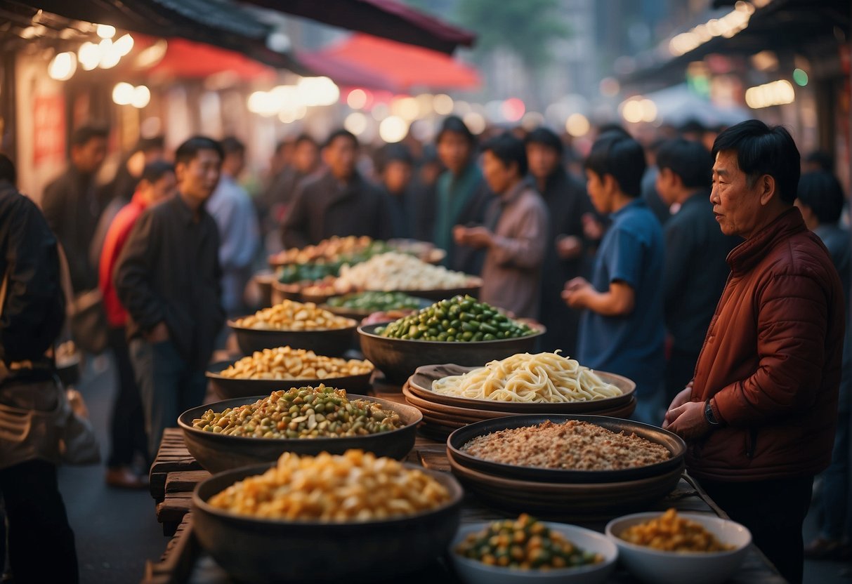 A bustling Chinese street market with vendors selling various traditional dishes and customers lined up to try different street food recipes