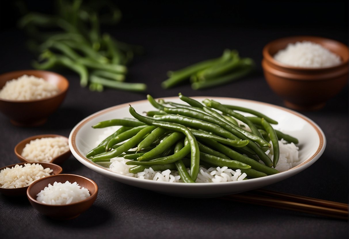 A platter of Chinese string beans with garlic and soy sauce, accompanied by a bowl of steamed rice and a pair of chopsticks