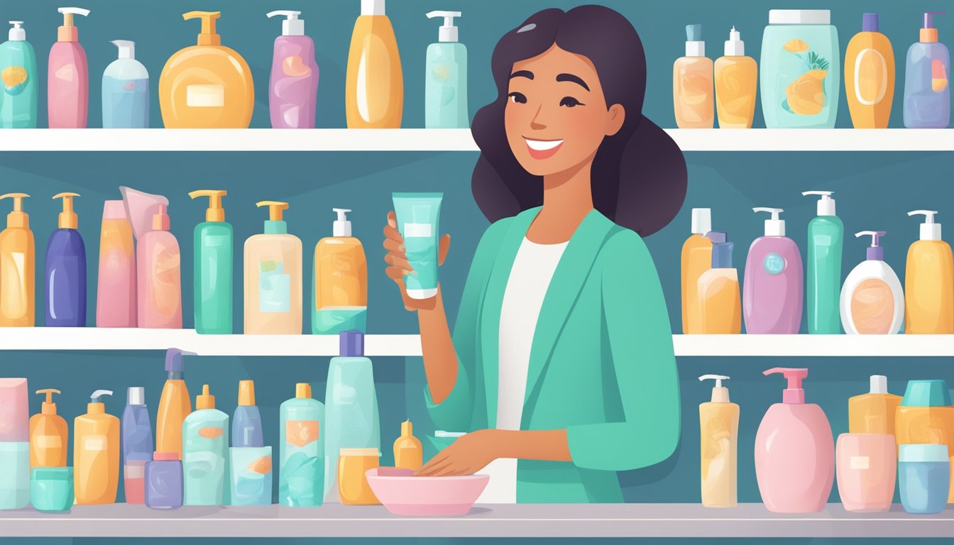 A woman pouring shampoo into her hand, surrounded by various bottles of shampoo and hair care products on a bathroom shelf